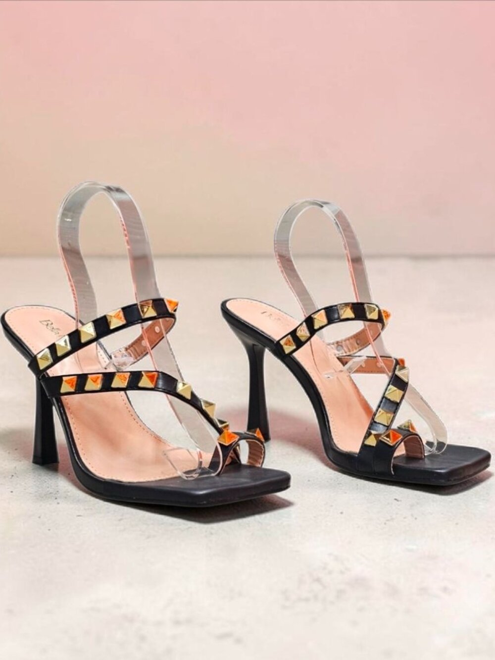 Black Studded High Heel Sandals With Straps And Square Toe Design For Women